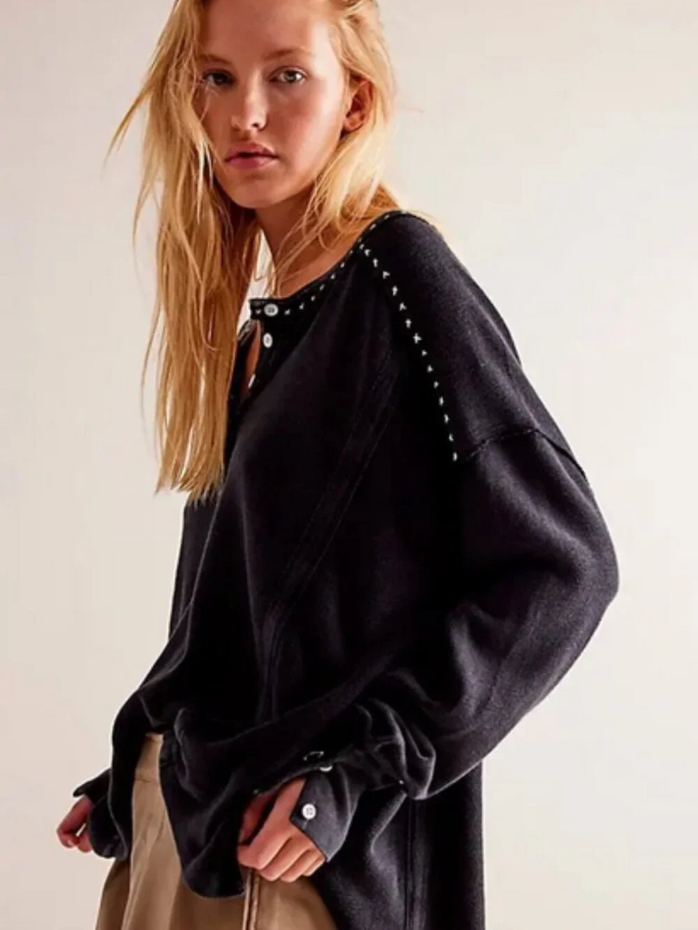Free People We The Free Taylor Henley Top Dropped Shoulder Black S